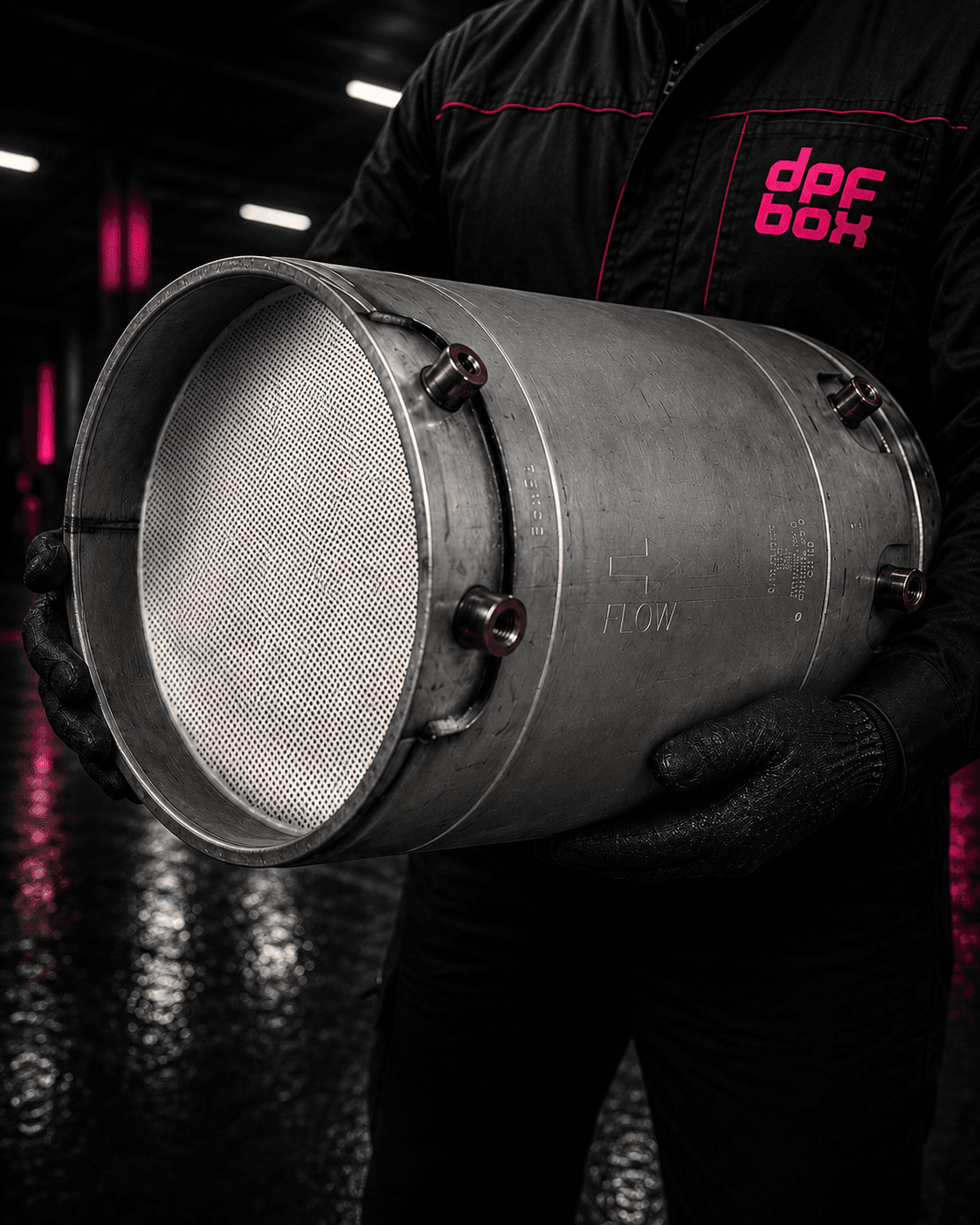 DPF BOX technician inspecting an eligible commercial diesel particulate filter component